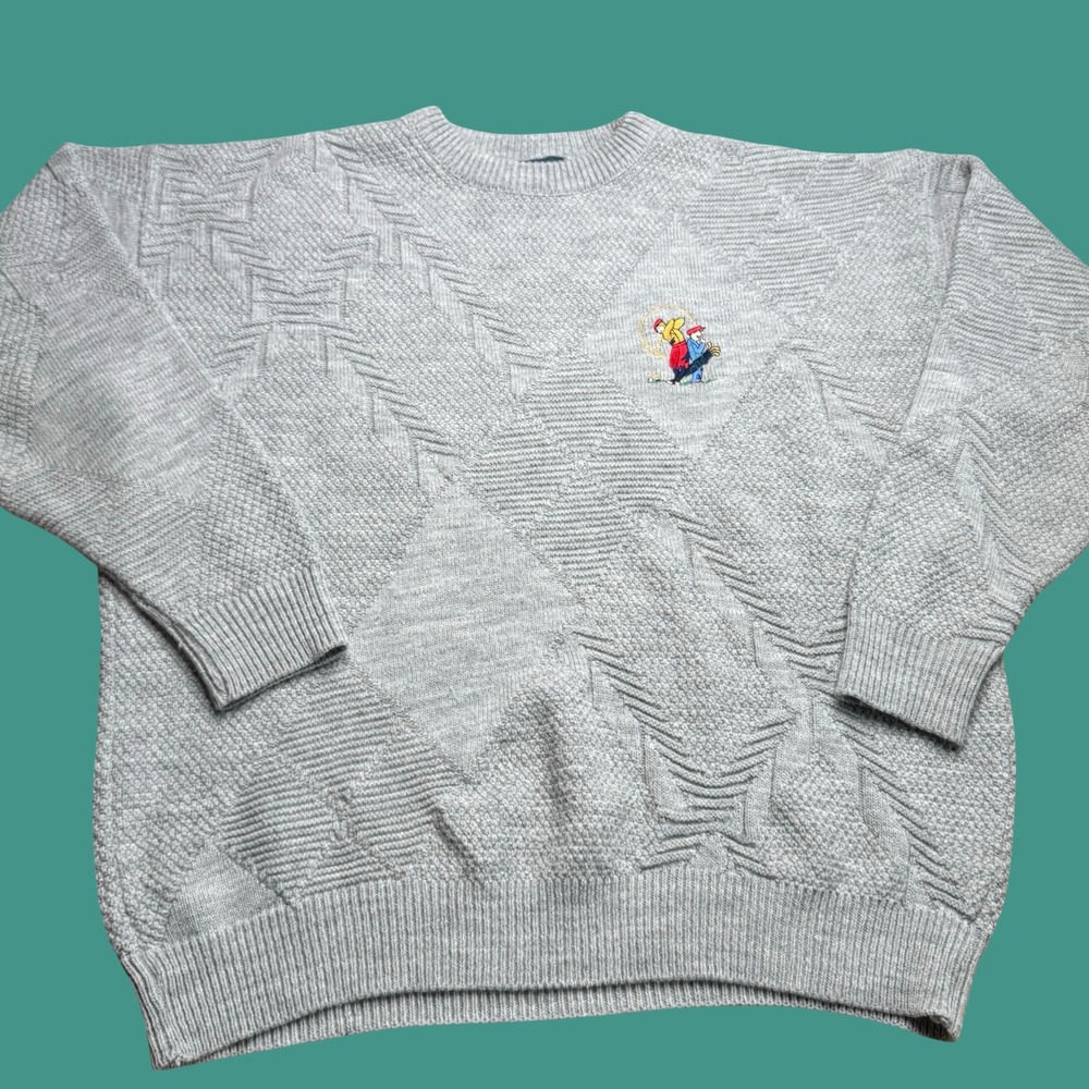 Vintage Jantzen Sweater XL Mens Gray Textured Knit Golfer Embroidered Acrylic